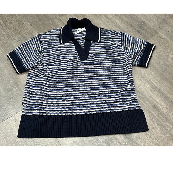 NWT Madewell Navy Blue Striped Johnny-Collar Sweater Tee Size Small - Picture 2 of 8